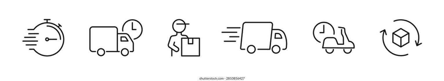 Delivery icon set. Shipping icons in line style. Editable web icons for delivery services, transportation, logistics, package tracking, ecommerce. Vector illustration.