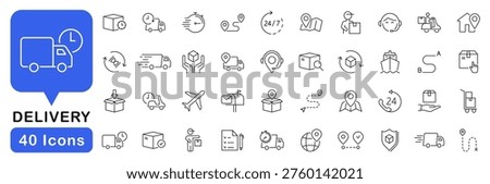 Delivery icon set. Shipping icons in line style. Editable web icons for delivery services, transportation, logistics, package tracking, ecommerce. Vector illustration.