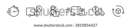 Delivery icon set. Shipping icons in line style. Editable web icons for delivery services, transportation, logistics, package tracking, ecommerce. Vector illustration.