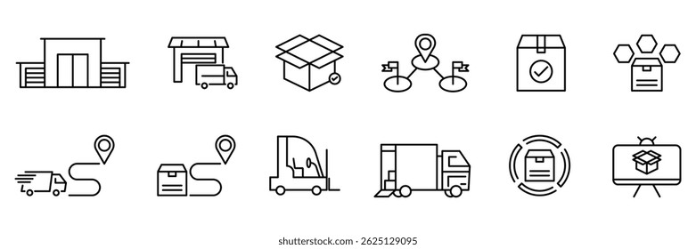 Delivery icon set. Shipping and logistics outline vector illustration. Package, truck and cargo symbol. Line supply chain pictograms for warehouse operations.