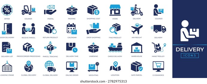 Delivery  icon set for shipping, logistics, shipping, parcel, unloading, carry, order, and warehouse and more. Solid vector icons collection.