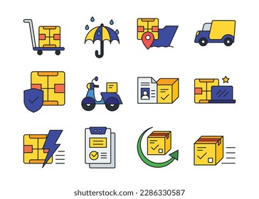 Juego de iconos de entrega. envío, paquete, envío y logística en el vector de estilo de contorno relleno. adecuado para muchos fines.