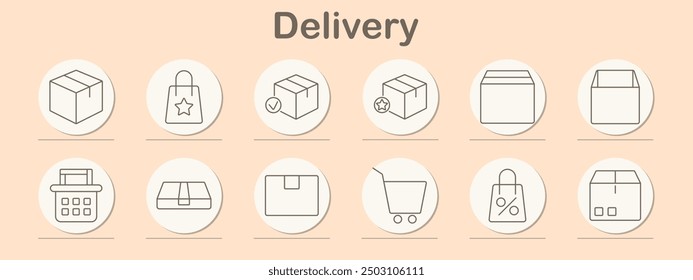 Delivery icon set. Shopping bag, basket, box, cart, tag, speech bubble, heart, money bag, online shopping, retail, package, purchase, ecommerce, consumer goods, service, transaction, shipping.