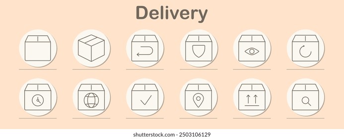 Delivery icon set. Shopping bag, basket, box, cart, tag, speech bubble, heart, money bag, online shopping, retail, package, purchase, ecommerce, consumer goods, service, transaction, shipping.