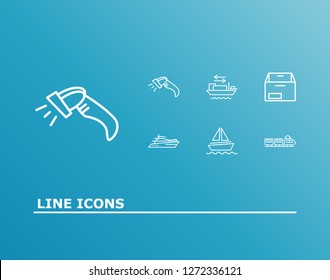 Delivery icon set and suburban train with barcode reader, yacht and ship by sea. Tram related delivery icon vector for web UI logo design.