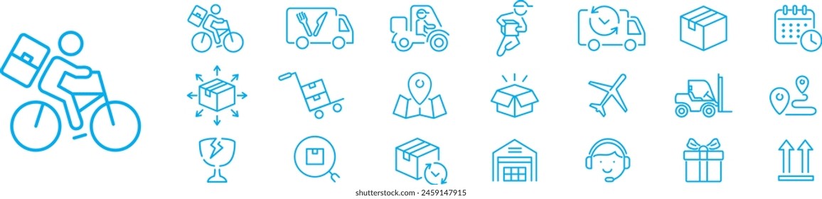 Delivery icon set. tracking, Delivery service, Shipping, scooter, truck, warehouse, courier, cargo, icons. Editable stroke icons vector collection illustration.
