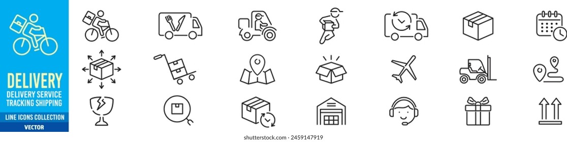 Lieferung Icon Set. Tracking, Lieferservice, Versand, Roller, LKW, Lager, Kurier, Fracht, Icons. Bearbeitbare Kontursymbole Vektorgrafik Kollektion Illustration.