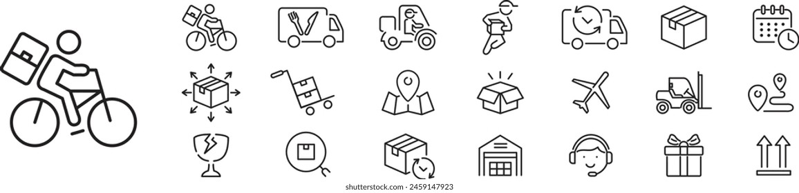 Delivery icon set. tracking, Delivery service, Shipping, scooter, truck, warehouse, courier, cargo, icons. Editable stroke icons vector collection illustration.