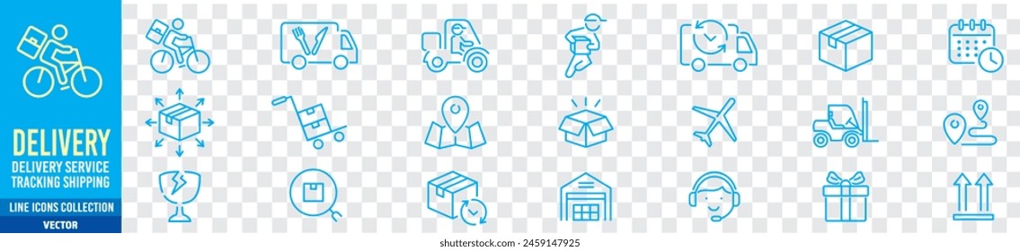 Conjunto de iconos de entrega. seguimiento, servicio de entrega, envío, scooter, camión, almacén, mensajería, carga, iconos. Iconos de trazo editables Ilustración de colección de Vector.