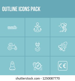 Delivery icon set and tractor with space vehicle, anchor and suburban train. Spaceship related delivery icon vector for web UI logo design.