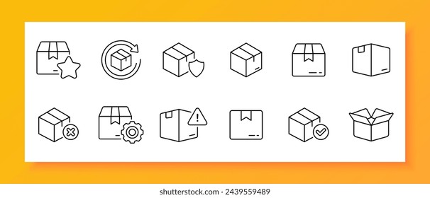Delivery icon set. Transportation, GPS tag, boxes, loader, smartphone, time, file, list. Black icon on a white background. Vector line icon for business and advertising