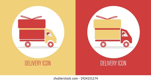 Delivery icon set. Truck with present. Courier in mask. Flat vector illustration.