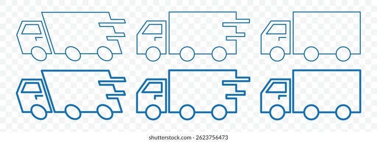 Delivery icon set. Truck vector icon set. Parcel delivery symbols. Van, semi truck, delivery service moving variceal sign flat design. Express shipping. Fast moving shipping delivery truck vector.