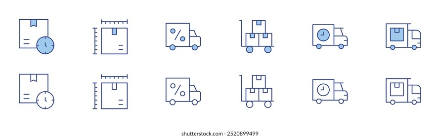 Delivery icon set in two styles, Duotone and Thin Line style. Editable stroke. delivery box, delivery truck, delivery time.