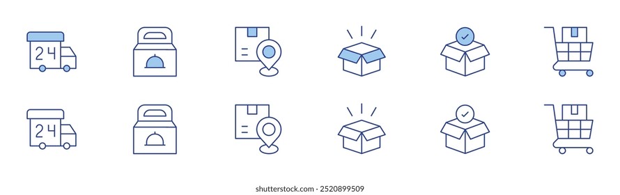Delivery icon set in two styles, Duotone and Thin Line style. Editable stroke. delivery truck, food delivery, package, purchase, delivery box.
