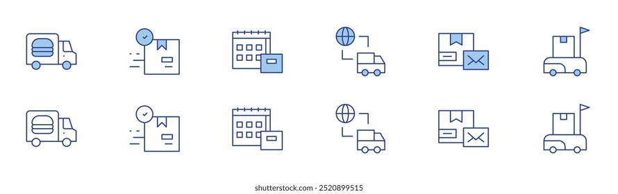 Conjunto de iconos de entrega en dos estilos, estilo Duotone y línea fina. Movimiento editable. camión de entrega, caja de entrega, día de entrega.