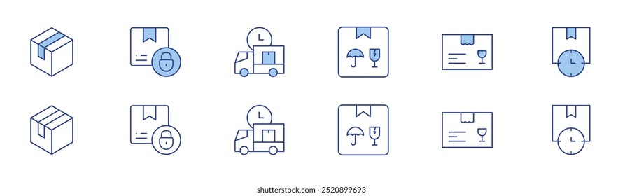 Ícone de entrega definido em dois estilos, Duotônico e Linha fina. Curso editável. produto, caixa de entrega, tempo de entrega.
