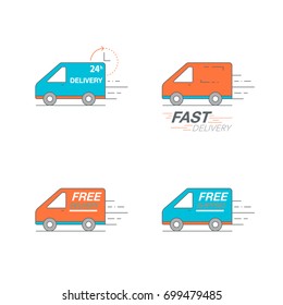 Delivery icon set. Van service, order, 24 hour, fast and free worldwide shipping. Thin line icon vector illustration.