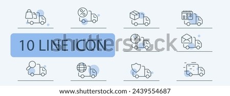 Delivery icon set. Van, shield, gear, transportation, moving, planet, speed, clock. 10 line icon style. Vector line icon for business and advertising