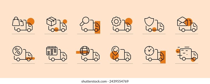 Delivery icon set. Van, speed, clock, timer, gps tag, planet, calendar, plan, deadline. Pastel color background. Vector line icon for business and advertising