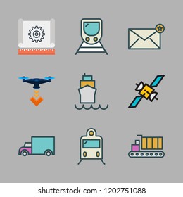 delivery icon set. vector set about train, configuration, van and envelope icons set.