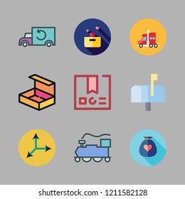 delivery icon set. vector set about donation, train, mailbox and open box icons set.