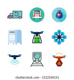 delivery icon set. vector set about donation, mailbox, train and drone icons set.