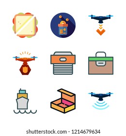 delivery icon set. vector set about donation, open box, sandwich and drone icons set.