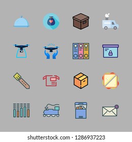 delivery icon set. vector set about package, sound bars, belt and drone icons set.