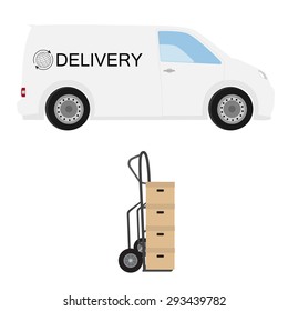 Delivery icon set. White delivery van with globe symbol and hand truck with four carton boxes. Express delivery. Worldwide delivery