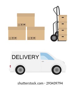 Delivery icon set. White delivery van, hand truck and carton boxes. Express delivery. 
