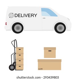 Delivery icon set. White delivery van, hand truck and carton boxes. Express delivery. 
