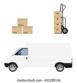 Delivery icon set. White delivery van, hand truck and carton boxes. Express delivery.