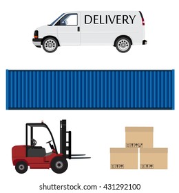 Delivery icon set. White delivery van. Express delivery. Loader car, blue cargo container and three carton boxes with shipping symbols vector illustration. Delivery service.
