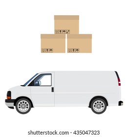 Delivery icon set. White delivery van and three carton boxes. Express delivery.