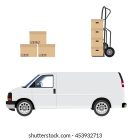 Delivery icon set. White delivery van, hand truck and carton boxes. Express delivery.
