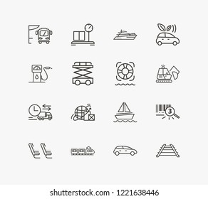 Delivery icon set and yacht with eco car, scissor lift and gas station. Lifeguard related delivery icon vector for web UI logo design.