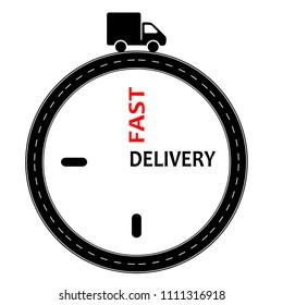 delivery icon sign , urgent stopwatch , car truck on a road in flat black red and white flat silhouette style , vector illustration