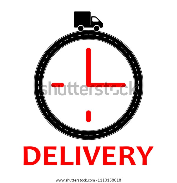 delivery icon sign , urgent stopwatch , car\
truck on a road in flat black red and white flat silhouette style ,\
vector illustration