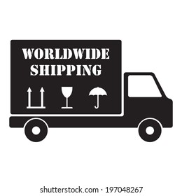 Delivery icon or sign. Worldwide shipping truck. Vector.
