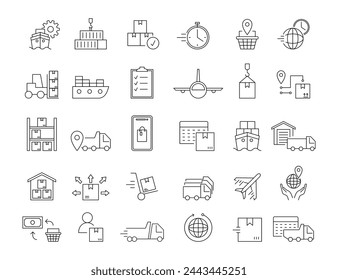 Delivery icon. Supply chain pictogram. Logistic process. Business product transportation. Industry supplier. Order box. Factory and warehouse symbol. Shipping transport. Vector garish export signs set