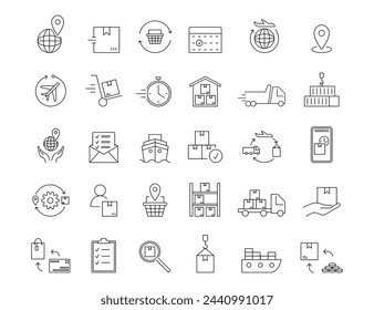 Delivery icon. Transport logistic. Parcel shipment. Cargo truck transportation. Warehouse line symbol. Freight distribution. Supply chain pictogram. Order box. Vector garish shipping service signs set