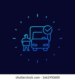 delivery icon, van and worker with box, line vector