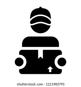 Delivery icon vector male worker logistics service person profile avatar with cargo package box for courier in Glyph Pictogram Symbol illustration