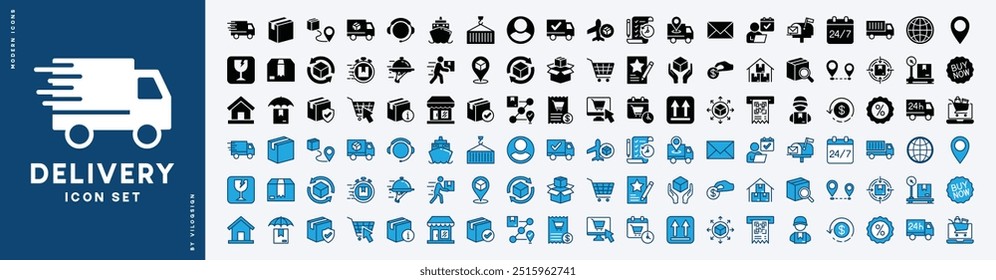 Conjunto de Vector de icono de entrega. Contiene envío, envío, carga, paquete, seguimiento, caja, servicio, orden, contenedor, mensajero, transporte, logística, almacén, camión, frágil, expreso, postal, en línea