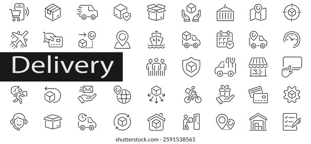 Delivery icon, vector set. Delivery icon silhouette. Delivery symbols vector. Order tracking, box, parcel vector illustration. 