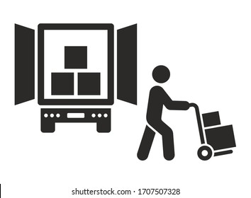 Delivery icon. Worker unloading boxes from truck. Vector icon isolated on white background.