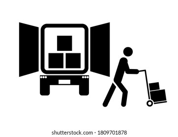 Icono de entrega. Trabajador descargando cajas del camión. Icono del vector aislado en fondo blanco.