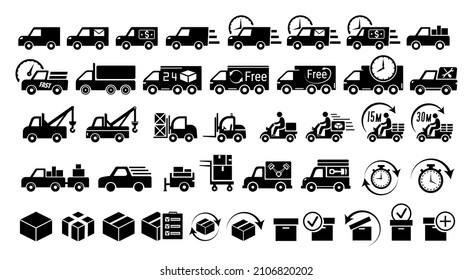 Delivery icons 42 designs, box, package, time, fast, motorcycle, car, loader, speed