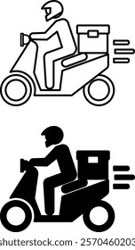 Delivery Icons. Black and White Vector Illustrations. Courier on Scooter and Helmet Carries Parcel to Customer. Delivery Service. Logistics Concept